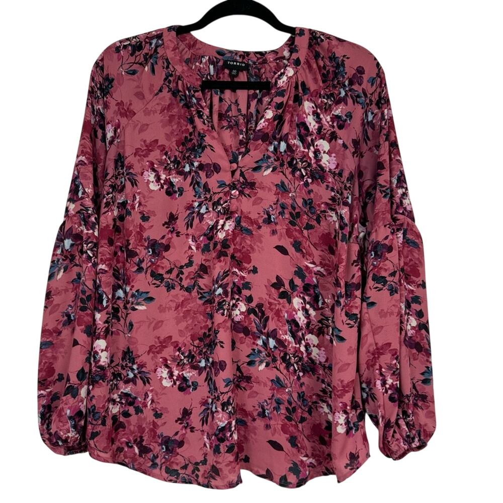 Torrid Pink Dark Florals Boho Blouse Womens L Fall Peasant Flowy Long Sleeve Top